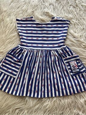 Vintage 90s OshKosh Blue Striped Nautical Sailor Dress Summer Girls Size 4T